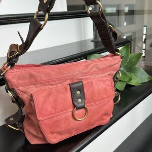 Coral Leather Shoulder Bag with Brown Accents
